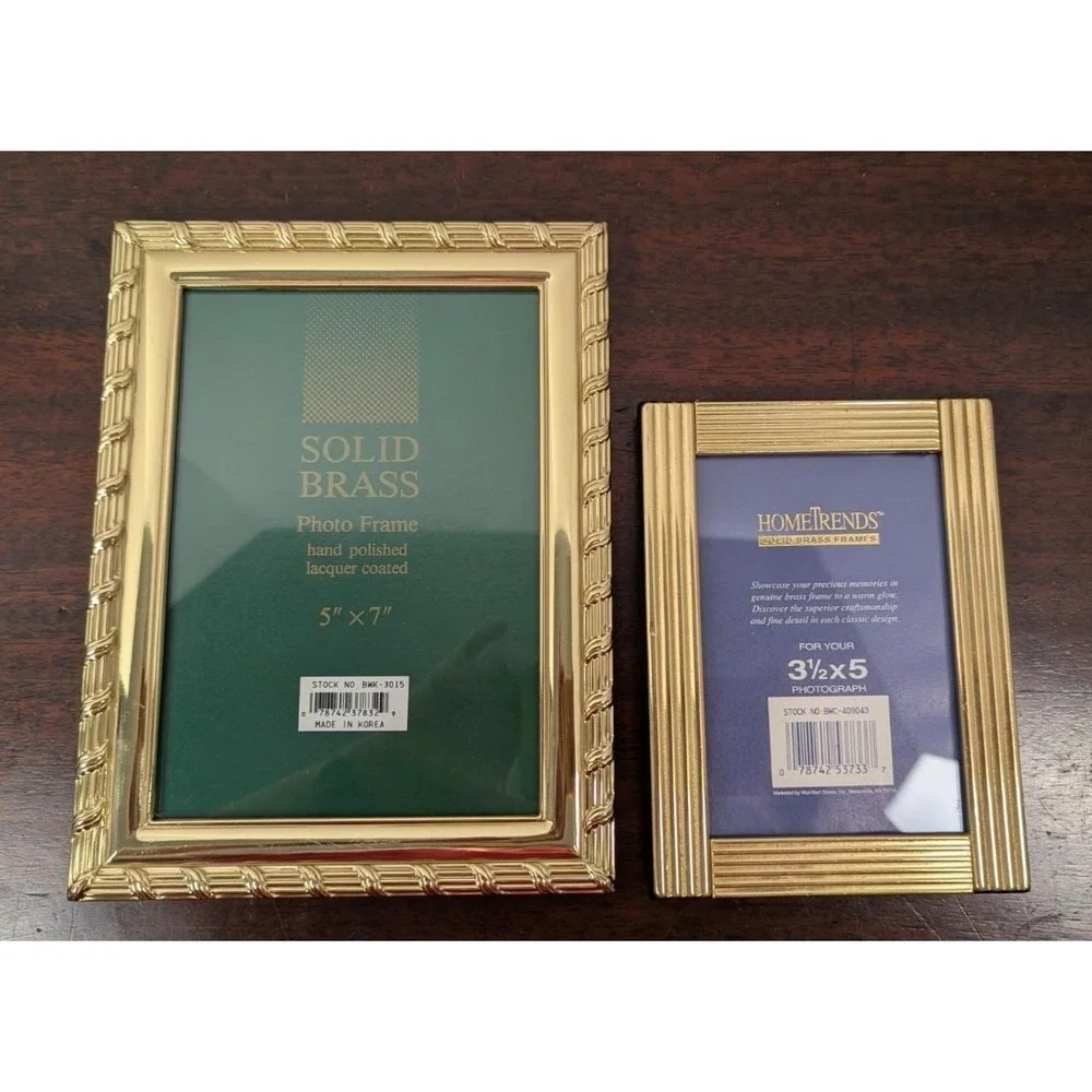 Solid Brass Photo Frames 5x7 & 3.5x5 Gold Tone Easel Tabletop Vintage Lot of 2